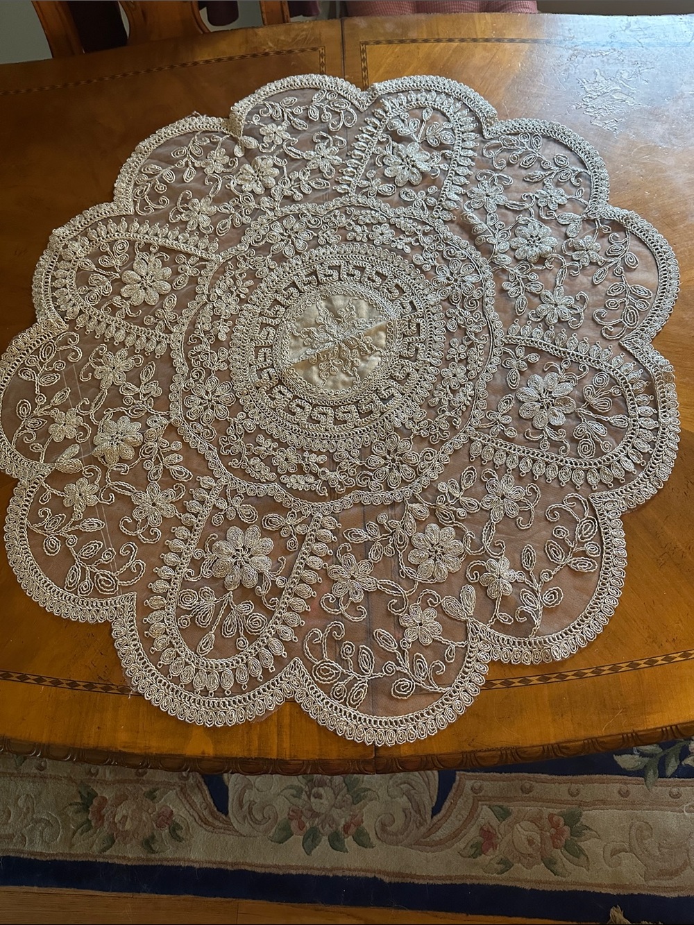 Elegant Cream Floral Lace Round Table Topper - Home Dining